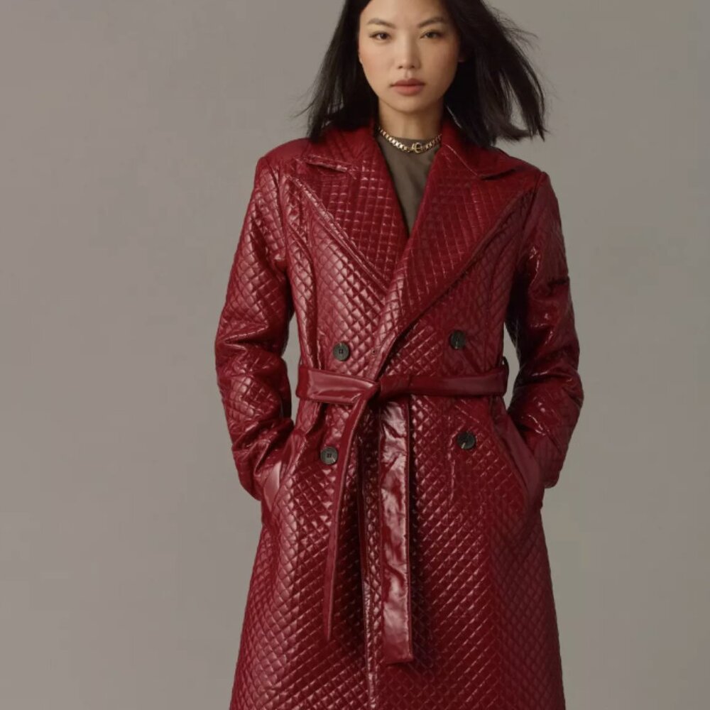 Avec Les Filles Quilted Faux-Ever Leather Belted Trench Coat